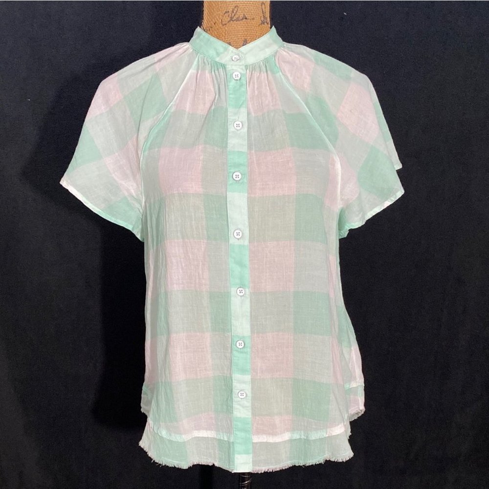 Maeve By Anthropologie XS Button Down Shirt NWT Mint‎ Green White Plaid Flare Sl